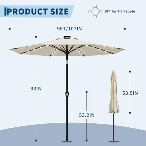 9FT Solar Patio Umbrella with 32 LED Lights