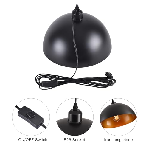 Plug in Pendant Light 2 Pack Industrial Hanging Lamp with Golden Finish Inside Black Vintage Pendant Lighting Fixtures with 15ft Cord On (2 Count)