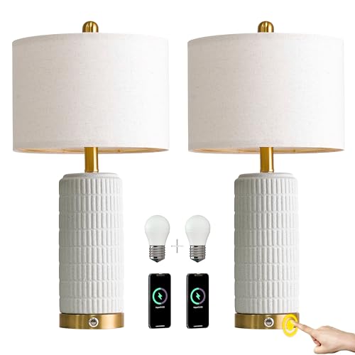 Stone Like Ceramic Table Lamps with USB Ports for Bedroom (2 Count)