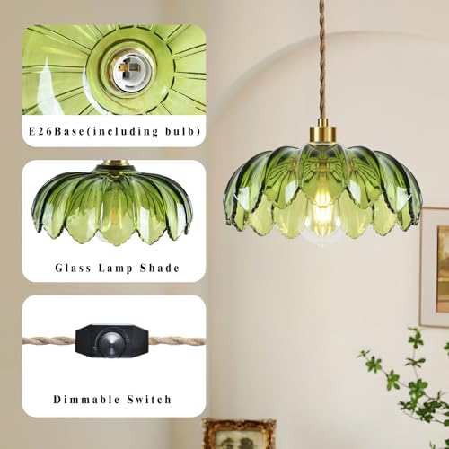 Plug in Pendant Light Hanging Lights with Plug in Cord Boho Hanging Lamp Glass Gold Mid Century Modern Vintage Dimmable Green Flower Plug in Chandelier Ceiling Fixture for Living Room