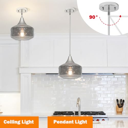 Chrome Pendant Lights Kitchen Island with Smoke Grey Glass over Kitchen