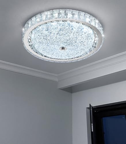 15.7" Modern Crystal Chandelier Dimmable LED Flush Mount Ceiling Light with Remote Control for Living Room Dining Room Bedroom Hallway Foyer Silver