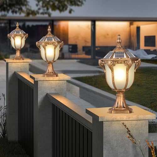Outdoor Post Caps Light With Solar Powered 17.71" Solar LED Column Caps Lamps Rustic Bronze Fence Pillar Lamps IP65 Waterproof Deck Post Bollard Lighting Lawn Landscape Lawn Garage Yard Path Lamps