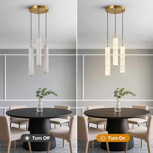 Natural Alabaster Pendant Lights for Kitchen Island White Marble Long Tube Chandelier 4000K Modern Gold Ceiling Light Fixtures for Bedroom Dining Room Table Living Room Hallway