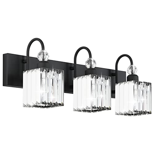 Modern Crystal Black Vanity Light 3 Light Bathroom Light Fixtures Over Mirror Matte Black Crystal Bathroom Wall Lighting