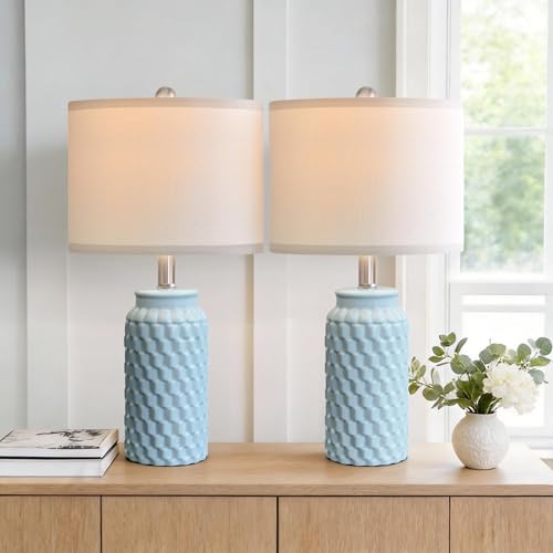 20.5" Light Blue Modern Ceramic Bedside Lamp Set of 2 for Bedroom Decor Farmhouse Table Lamp for Living Room Office Dorm (2 Count)