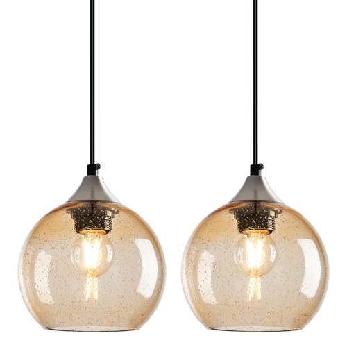 Light Brown Glass Pendant Lights Kitchen Island Globe Pendant Light Fixtures Modern Pendant Lighting for Bedroom Living Dining Room Light Fixture (2 Count)