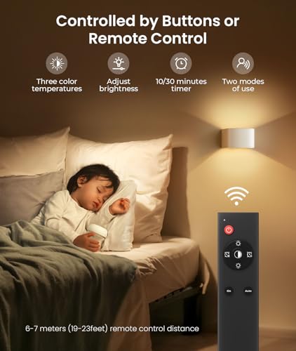 Motion Sensor Wall Light with Remote Control 3 Colors Wireless Wall Lamp LED Indoor Up and Down Wall Sconce 5000mAh Rechargeable Battery Powered Wall Lamps Brightness Adjustable