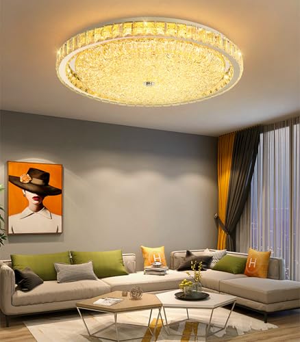 24" Modern Crystal Chandelier Dimmable LED Flush Mount Ceiling Light with Remote Control for Bedroom Hallway Dining Room Silver