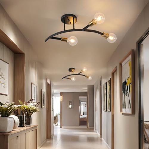 3 Lights Modern Sputnik Semi Flush Mount Ceiling Light Fixture Black and Gold