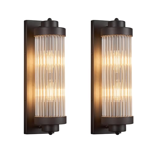 Black Wall Sconces Set of Two with Crystal Glass Strip Bathroom Sconces Modern Wall Lights for Bedroom Living Room Hallway Wall Light Fixtures (2 Count)