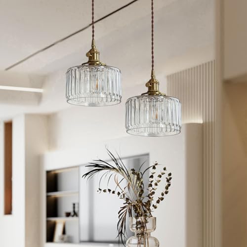 2 Pack Vintage Pendant Light Fixture Gold Pendant Lights Fixtures Clear Kitchen Island Ceiling Hanging Light Round Striped Glass Shade Farmhouse Antique Brass Hanging Pendant Lights