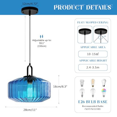 Glass Pendant Light Fixture Vintage Modern Pendant Lights with Blue Hand Blown Glass Shade Mid Century Black Adjustable Cord Ceiling Hanging Lighting for Dining Room Kitchen Island