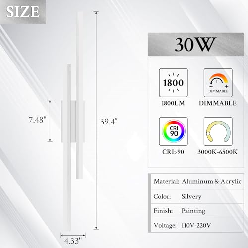 LED Wall Sconce Silver Modern Remote Wall Light Fixtures for Living Room