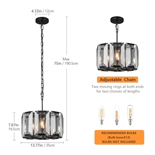 Black Modern Crystal Chandeliers Round Farmhouse Pendant Light Semi Flush Mount Ceiling Light Fixture for Bedroom Dining Room Kitchen Island Living Room Foyer Hallway