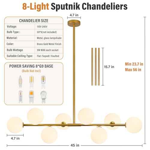 8-Light Gold Sputnik Chandeliers, Mid Century Modern Chandelier for Dining Room Light Fixture Over Table, Height Adjustable, Bubble Glass Globe Ceiling Linear Chandelier for Kitchen Island Foyer