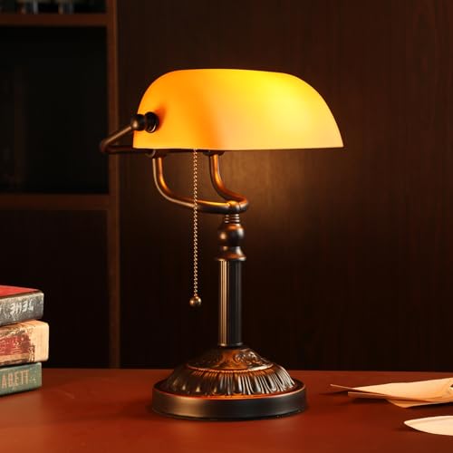 Amber Glass Bankers Desk Lamp with Pull Chain