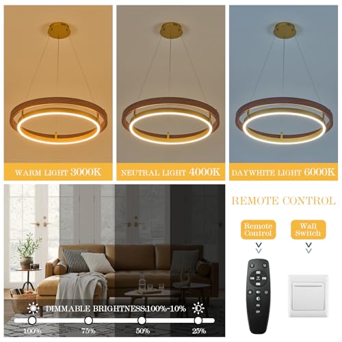 LED Ring Chandelier Dimmable Gold Walnut Wood Chandeliers