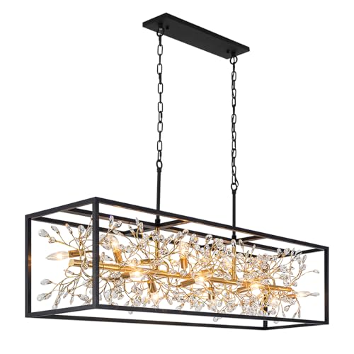 Modern Black and Gold Rectangle Crystal Chandelier for Dining Room