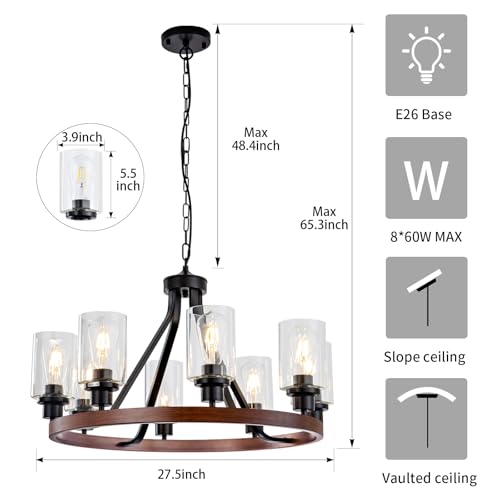 8 Light Farmhose Chandelier for Dining Room Light Fixture Faux Wood Kitchen Pendant Light Round Rustic Ceiling Hanging Lighting with Glass Globes Adjustable Height Metal E26