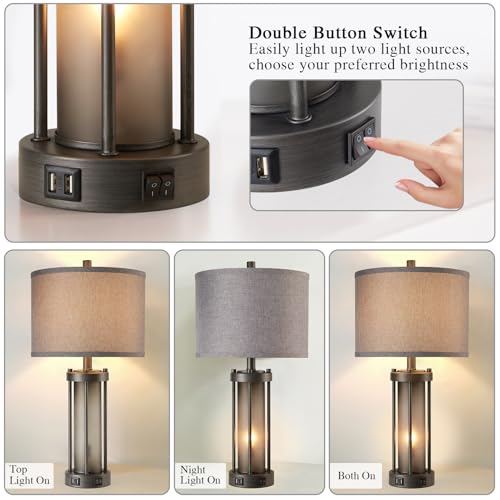Set of 2 Rustic Table Lamps for Living Room with 2 USB Ports (2 Count)
