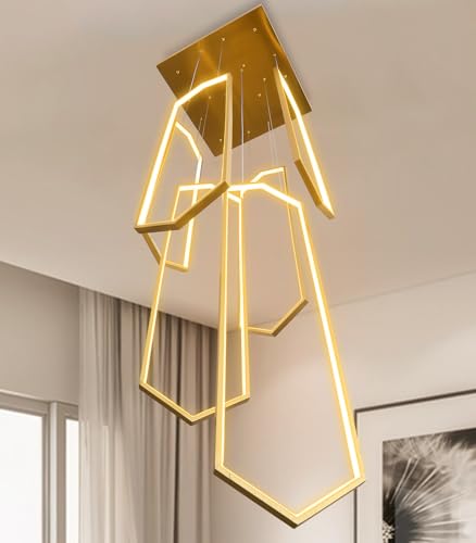 6 Rings Gold Modern Long Large Chandelier Dimmable LED High Ceiling Chandelier for Living Room Foyer Staircase Enterway Big Hanging Light Fixture Modern Ceiling Light