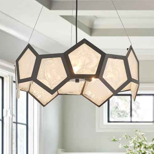 Black Modern Chandelier for Dining Room, 5-Light Glass Chandeliers for Bedroom, Drum Pendant Light Fixtures for Entryway Living Room Hallway Foyer