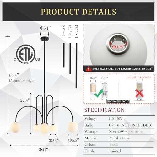 Modern 40" 6 Light Black Sputnik Chandelier with Milk Glass Globe