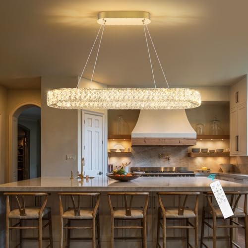 Oval Crystal Gold Chandelier Modern Dimmable LED Chandeliers for Dining Room Rectangular Light Fixture with Remote for Living Room Kitchen Light