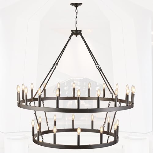 Rustic Farmhouse Wagon Wheel Chandelier Oil Rubbed Bronze Large Chandeliers for High Ceilings Kitchen Table Lighting 2 Tier 32 Lights 50 Inch for Dining Room Kitchen Island