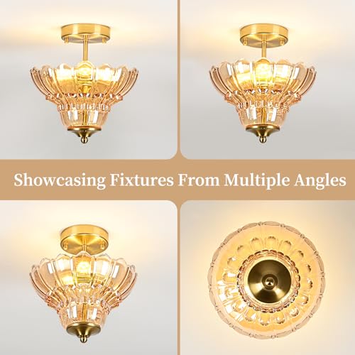 Vintage Gold Semi Flush Mount Light with Floral Amber Shade (Gold and Amber)
