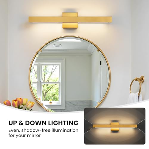24 Inch Modern Vanity Light Gold Bathroom Light Fixture Over Mirror with Up & Down Lighting 20W Vanity Lighting Fixture Dimmable 5CCT LED Bar Vanity Light for Bathroom Restroom