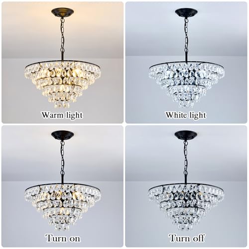 Modern Crystal Chandelier 7 Light 20" Raindrop Black Ceiling Chandelier Adjustable Hanging Light Fixture for Dining Room Foyer Entryway Staircase Living Room