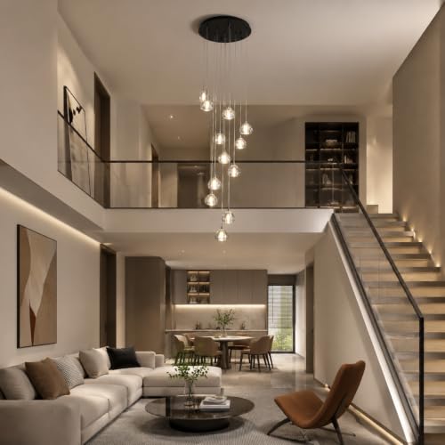 Modern LED High Ceiling Chandelier,12-Light Fixture Crystal Hanging Lamp Dining Room Dimmable Adjustable Luxury Pendant Lights for Living Dinning Room Hallway Foyer Staircase Entryway