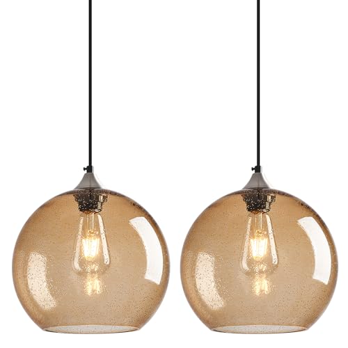 Light Brown Glass Pendant Lights Kitchen Island Globe Pendant Light Fixtures Modern Pendant Lighting for Bedroom Living Dining Room Light Fixture (2 Count)