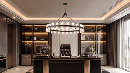 48 Inch Black Wagon Wheel Chandelier with Crystal Shade (48 Count)