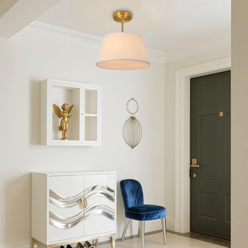 12.6”Dia White Pleated Drum Shade Semi Flush Mount Ceiling Light