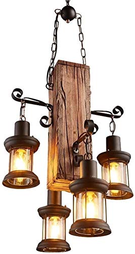 Wood Retro Pendant Lighting Industrial Vintage Chandelier Black Metal Bedroom Restaurant Suspension Lamp Cage Frame with Glass Shade House Loft Bar Coffee Decoration Ceiling Lights Fitting