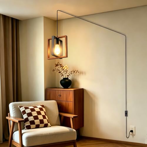 Rustic Wood Plug in Pendant Light with ON