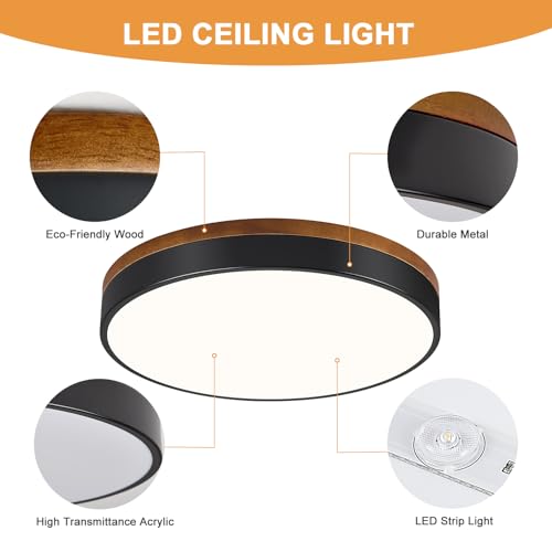Modern Walnut Wood Black Flush Mount Ceiling Light 15.74 Inch