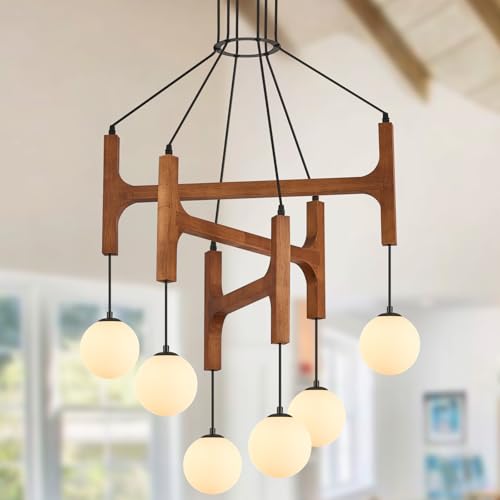 Farmhouse 6 Light Wooden Chandelier with Milk Glass Globe L28 Inch (6 Count)