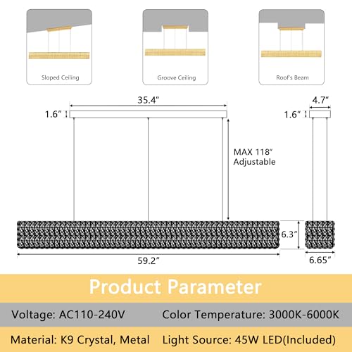 Rectangular Crystal Chandelier Dimmable LED Linear Chandeliers for Dining Room Remote Ceiling Pendants Light Fixture for Kitchen Island Gold
