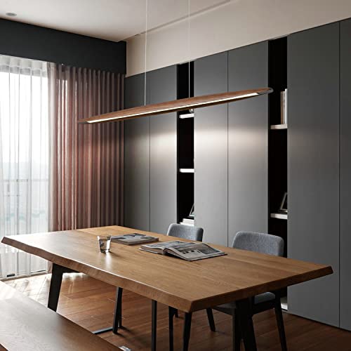 Wood Linear Pendant Hanging Light Fixture Minimalist Light Linear Chandelier Wood Kitchen Island Lighting 40w Dimmable for Dining Room Dining Table Living Room Pool Table Walnut Color