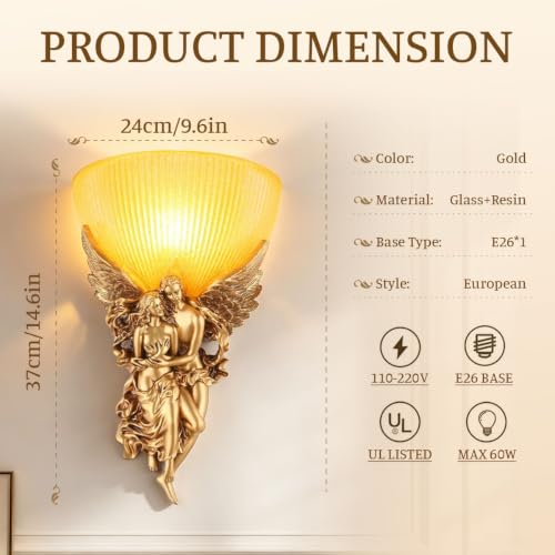 Antique Wall Sconce Light Vintage Sconces with Frosted Glass Shade Gold Angel Shape Design Mid Century Modern Wall Light Unique Resin Finish Indoor Deco Lighting for Living Room Bedroom