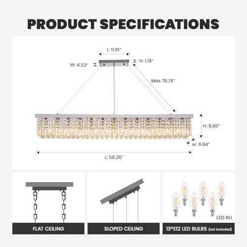 Rectangle K9 Crystal Chandelier Modern Rectangular Pendant Light Fixture for Dining Room Kitchen Island Chrome L59'' x W10'' x H9''