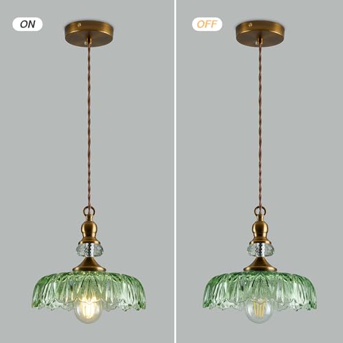 Vintage Glass Pendant Light Fixture Green Adjustable Chandelier Modern Gold Hanging Ceiling Light for Farmhouse Dining Room Living Room Bedroom Entryway Kitchen Island
