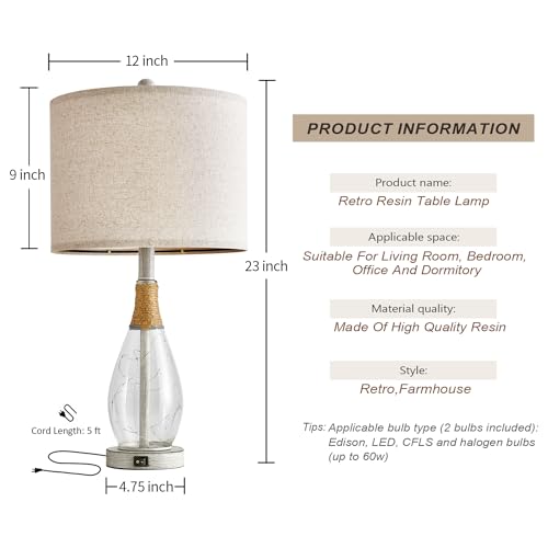 23" Table Lamps for Living Room Set of 2 Bedside Lamps for Night Stands Bedroom Lamps Farmhouse Rattan Boho Lamp Glass Nightlight End Table Lamp with USB C+A (2 Count)