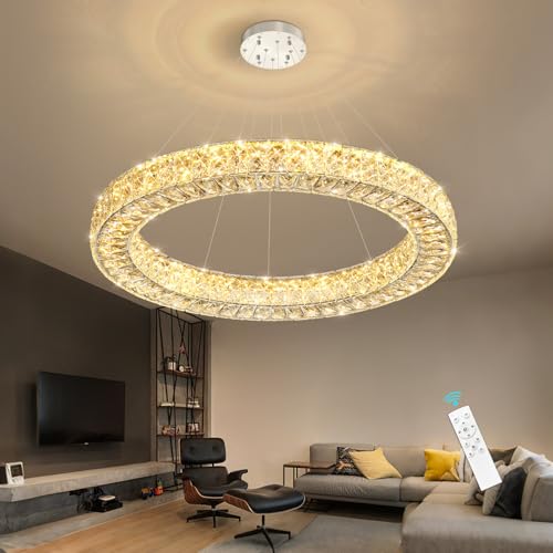Modern Chandelier Glam Dimmable LED Crystal Chandeliers Luxury Remote Ceiling Pendants Lighting Fixtures for Dining Room Bedroom Living Room Silver