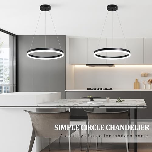 20" Modern Black Led Chandelier Ring Dimmable LED Chandeliers with Remote Control for Kitchen Island Height Adjustable Chandelier Led Pendant Light for Living Room Dining Room Bedroom Foyer