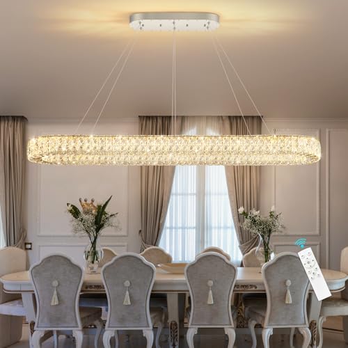 Modern Oval Crystal Chandelier for Dining Room Rectangular Ceiling Light Fixture Dimmable LED Chandeleirs for Living Room Kitchen Island Silver